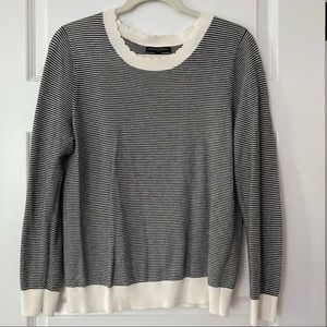 Navy and white striped sweater scalloped collar